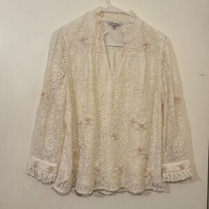 John Mark Ivory Floral Lace Pearl Embellished Ruffle Blouse Size M Romantic Boho